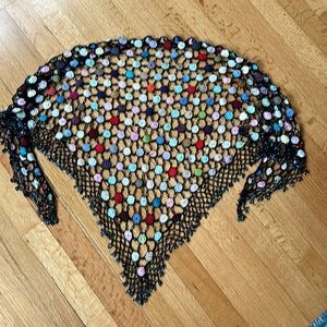 Vintage Multicolor Crocheted Scarf / Wrap with Iridescent Black Beading